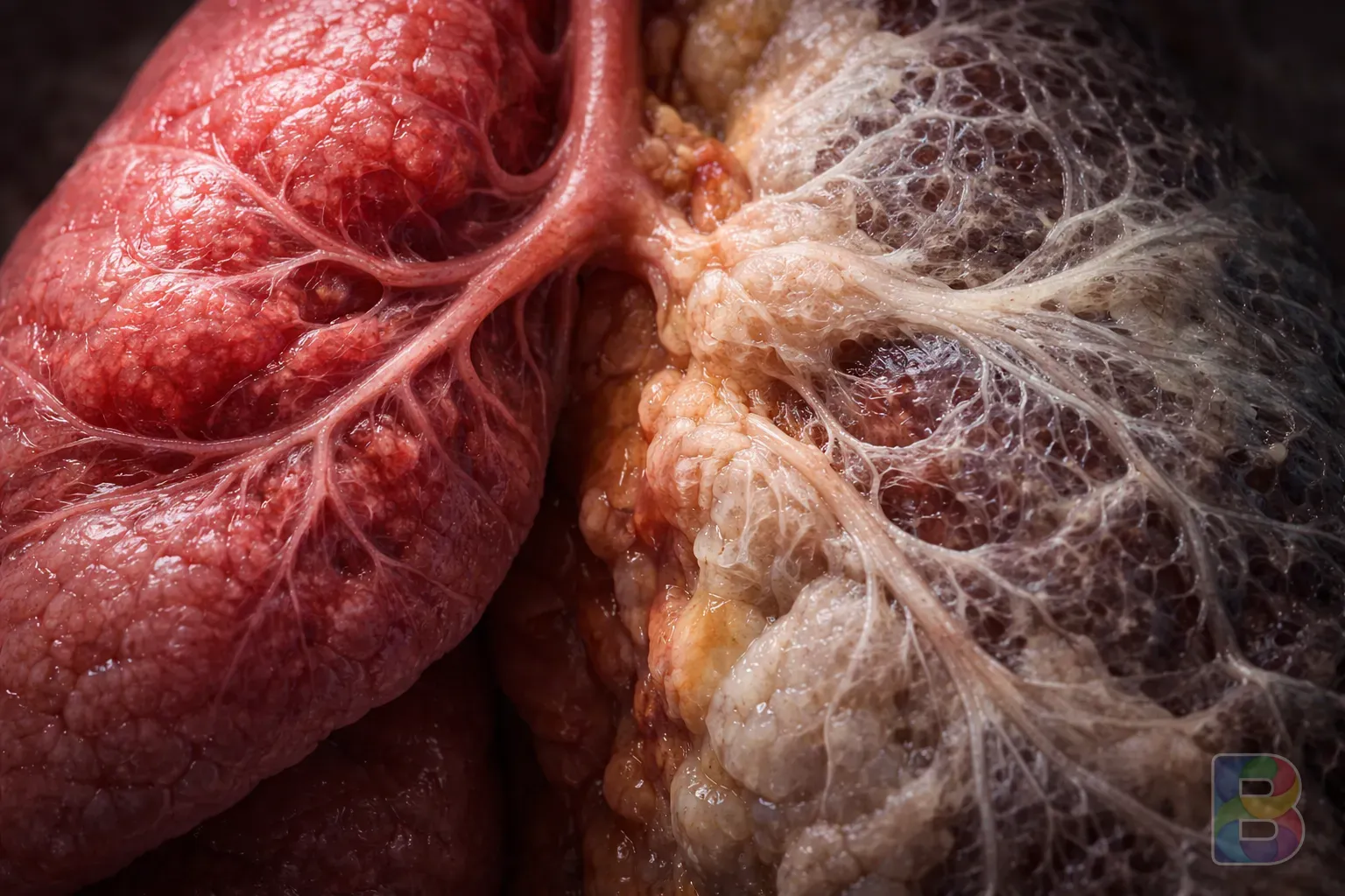 photorealistic, anatomical macro shot of lung tissue texture transitioning from healthy to fibrous, conceptual medical art, cinematic lighting, high resolution