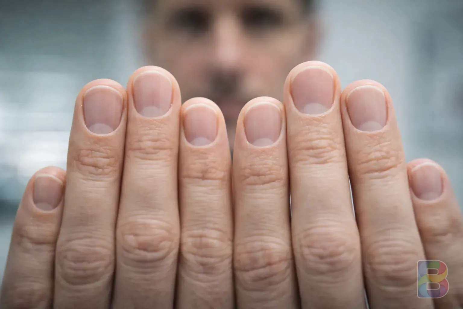 photorealistic, a person showing their fingers close to the camera focusing on the nail bed shape, clinical lighting, high detail, medical observation style
