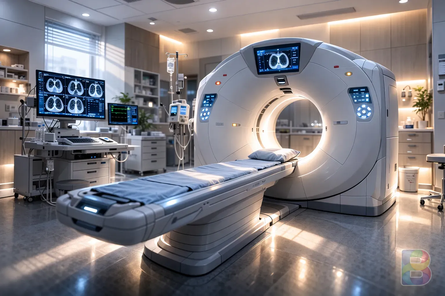 photorealistic, a modern medical CT scanner in a bright clean hospital room, professional atmosphere, cinematic lighting