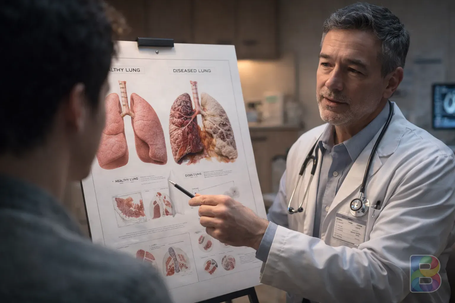 photorealistic, a doctor pointing to a lung chart explaining to a patient, warm clinical setting, reassuring mood, high detail