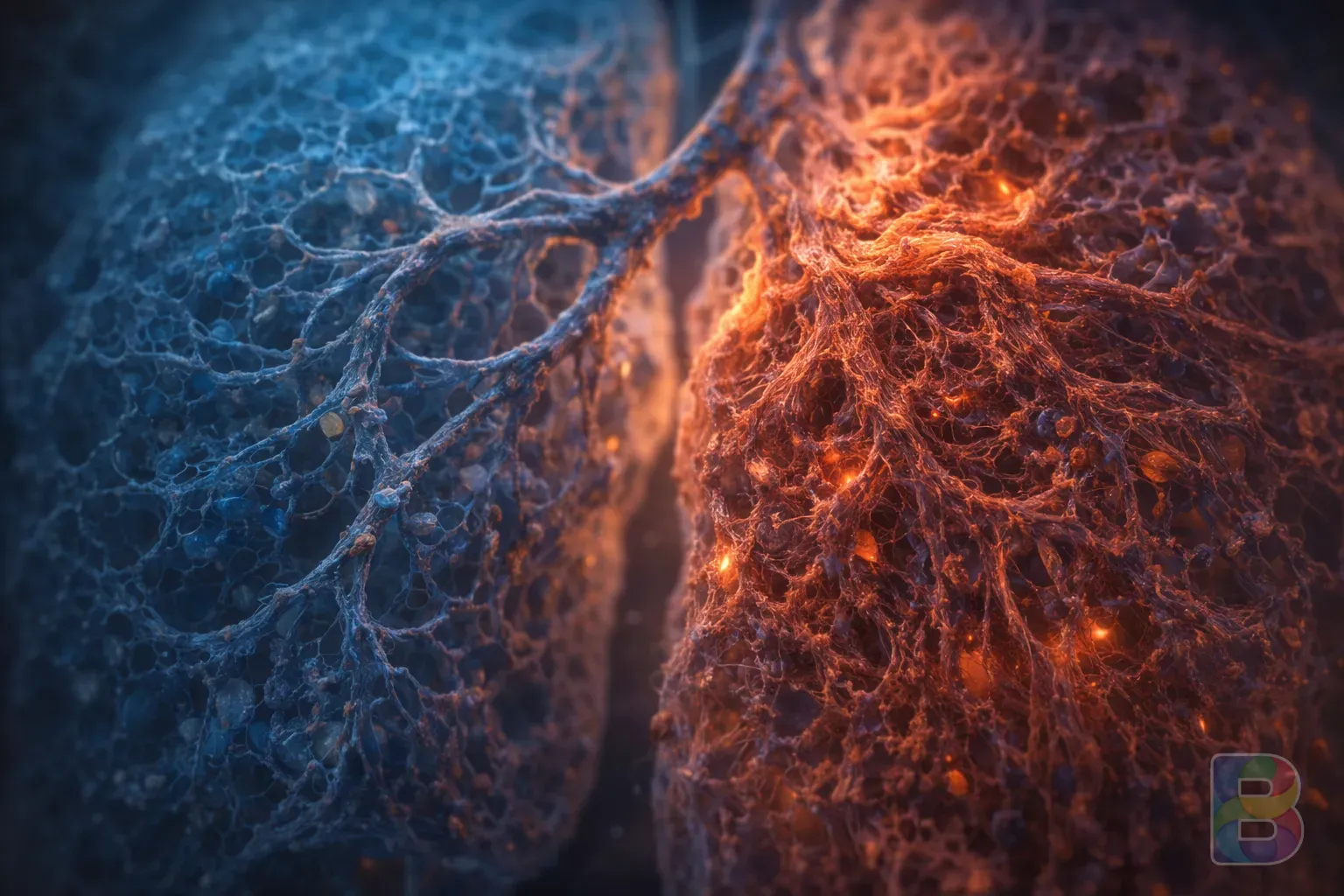 photorealistic, microscopic view of lung tissue showing fibrous scarring, cinematic lighting, blue and warm orange tones, high detail, scientific visualization