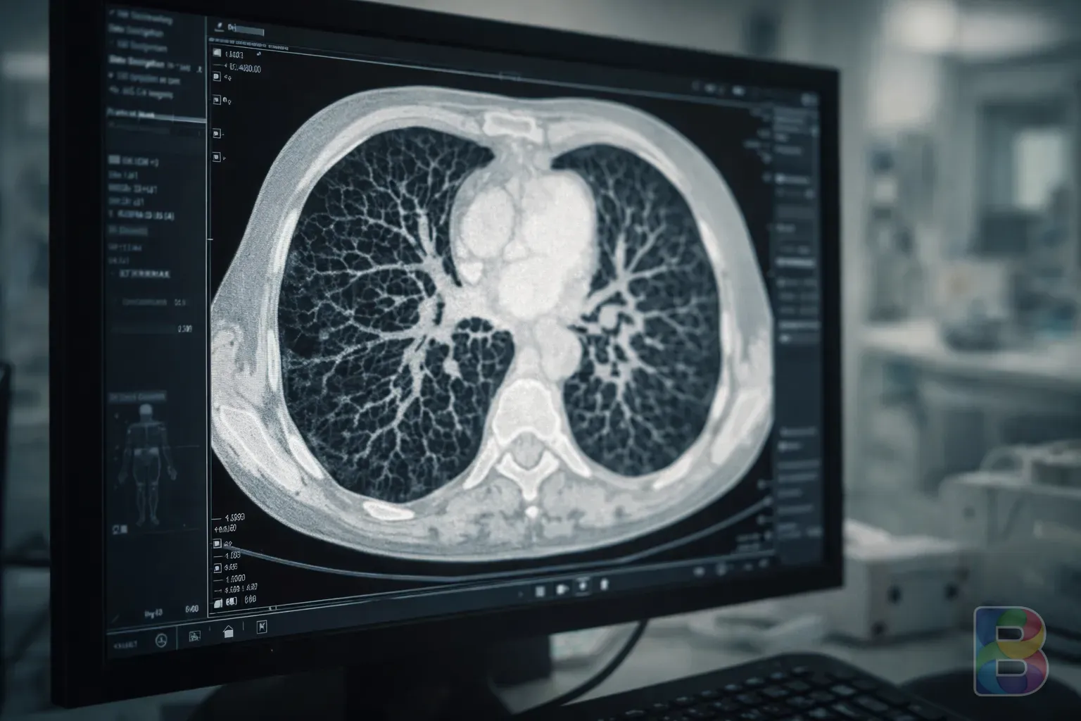 photorealistic, detail shot of a high-resolution CT scan showing lung details on a monitor, soft clinical lighting, professional medical environment