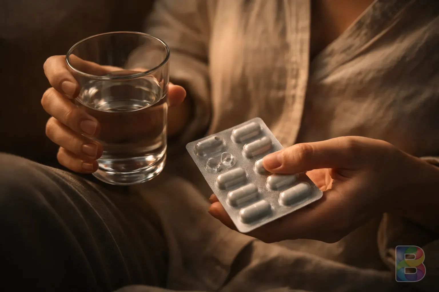 photorealistic, close-up of a person's hands holding a glass of water and a medication blister pack, soft warm lighting, cinematic mood, focus on the hands