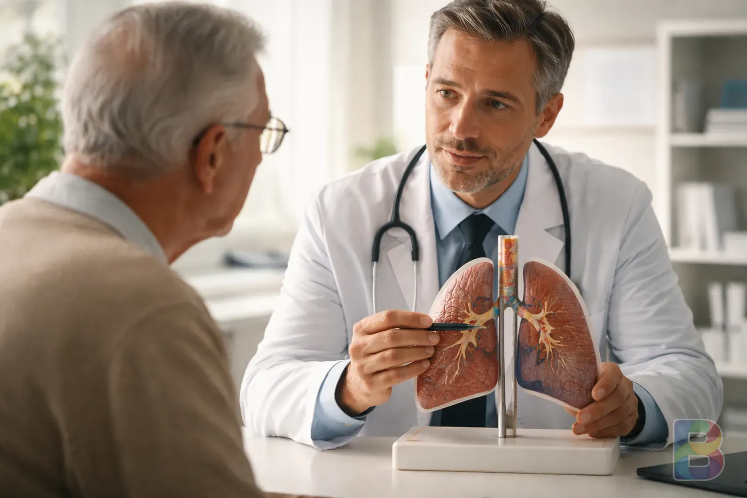photorealistic, doctor in a white coat explaining a lung model to an elderly patient in a bright consultation room, reassuring and professional atmosphere