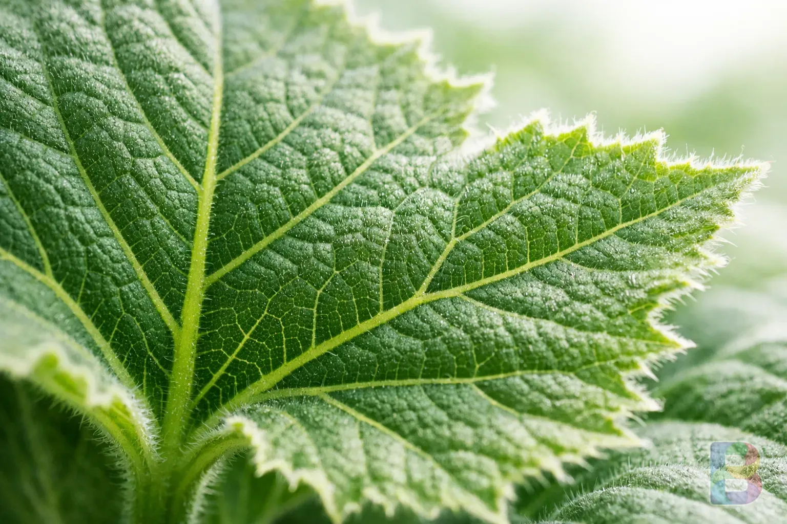photorealistic, macro shot of vibrant green pumpkin leaf texture, showing the intricate veins and soft fuzz, bright natural light, clean clinical aesthetic