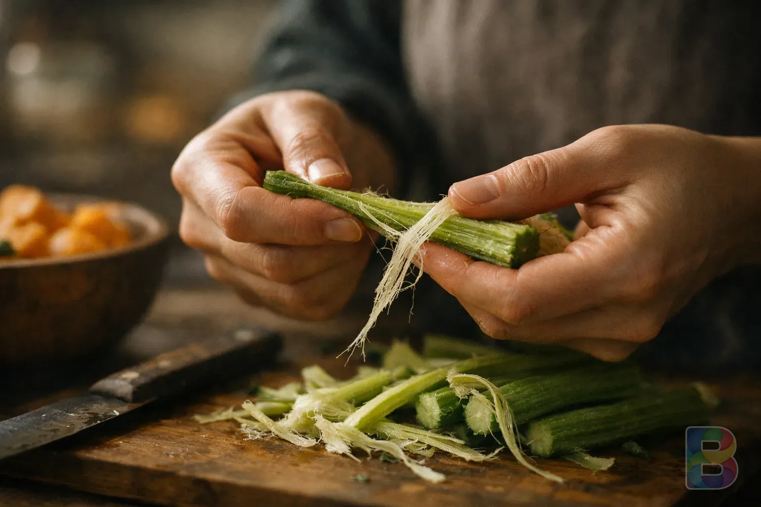 photorealistic, close-up of a person gently peeling the stalks of pumpkin leaves, focus on the hands and the fibrous skin being removed, soft kitchen lighting