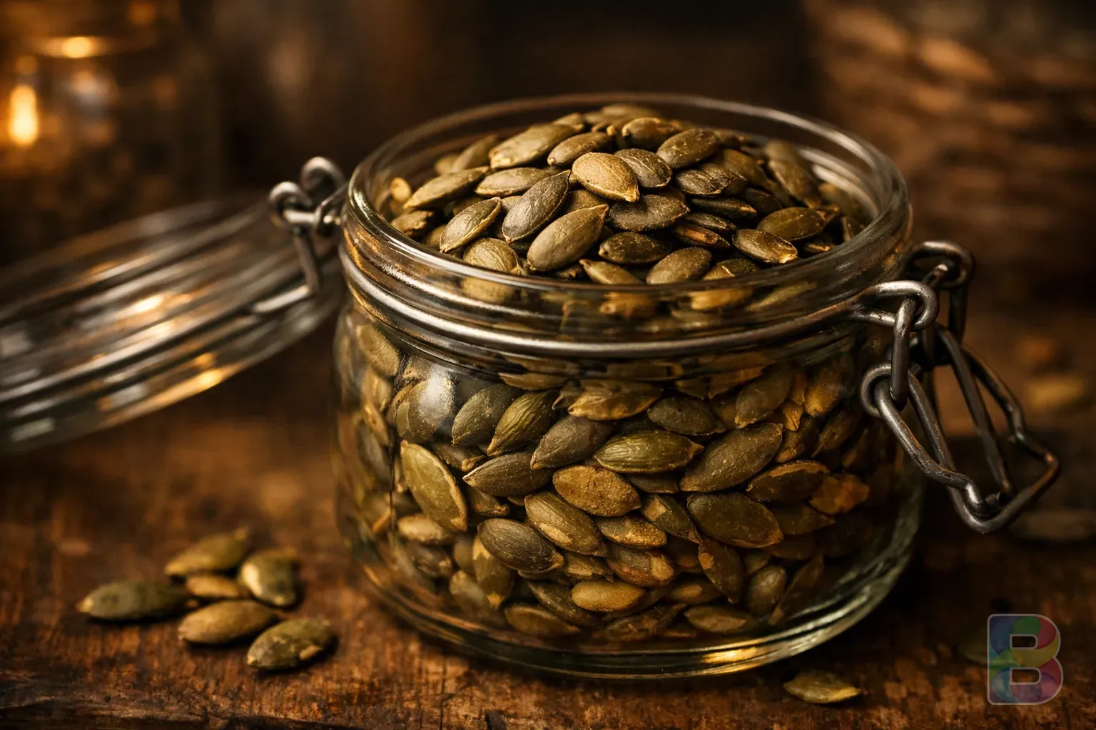 photorealistic, detail shot of dried pumpkin seeds in a glass jar, warm pantry lighting, cinematic depth of field, natural and healthy mood