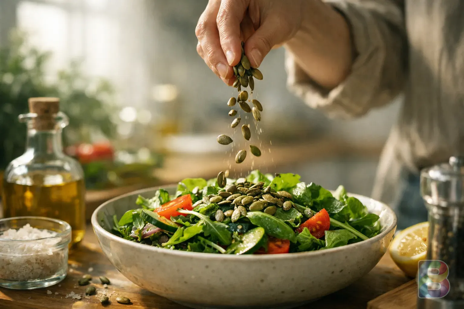 photorealistic, close-up of a person sprinkling pumpkin seeds onto a green salad, bright kitchen environment, cinematic lighting, fresh and vibrant