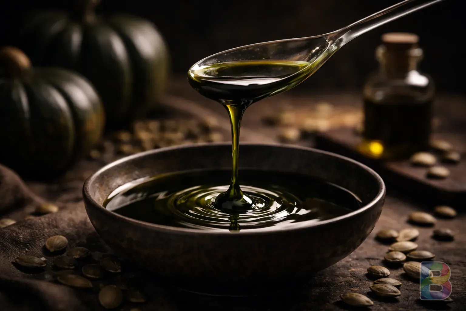 photorealistic, dark green pumpkin seed oil dripping from a glass spoon into a bowl, rich viscosity, cinematic lighting, elegant aesthetic