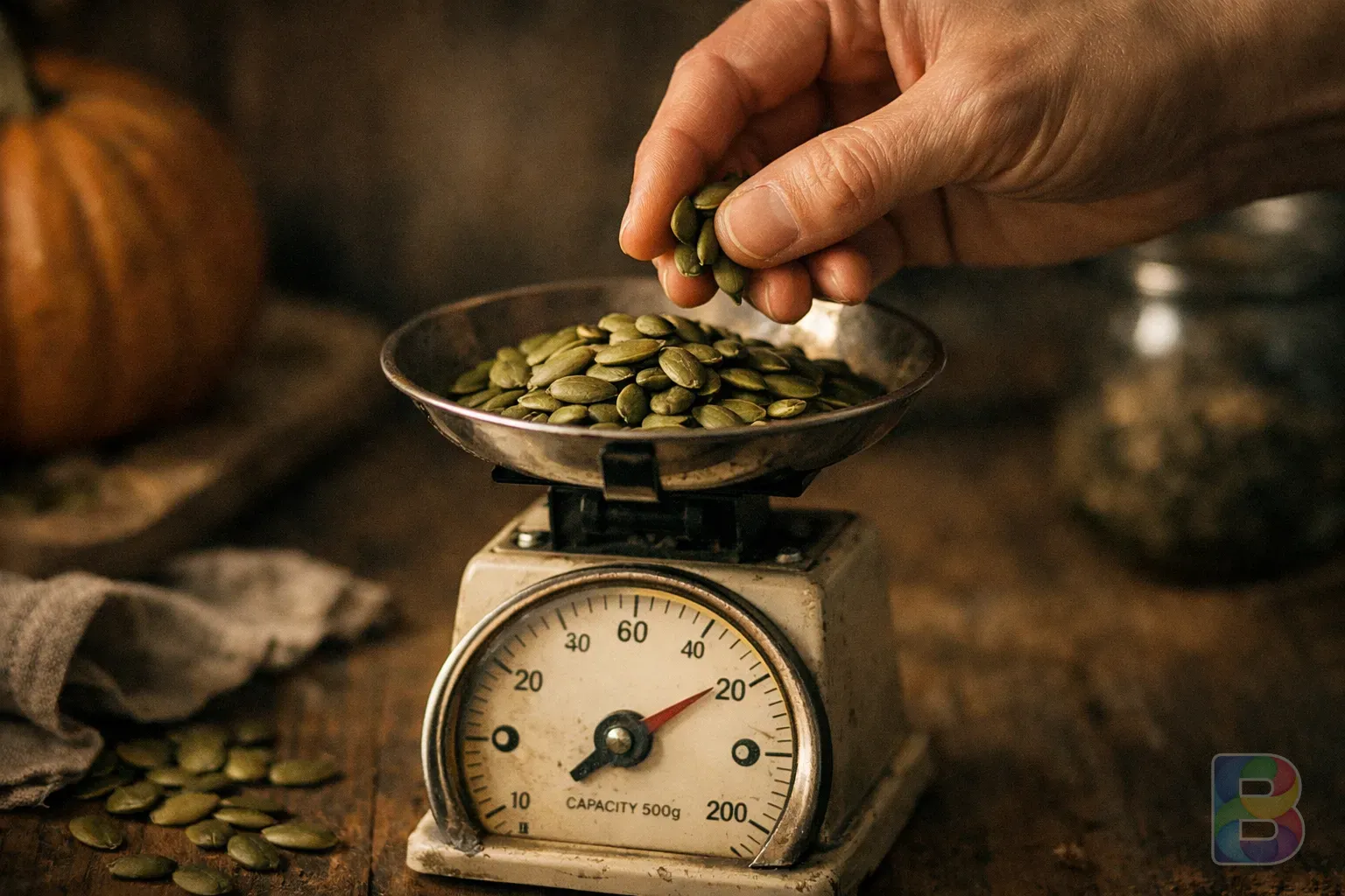 photorealistic, close-up of a hand weighing pumpkin seeds on a small kitchen scale, soft home lighting, focused and careful mood
