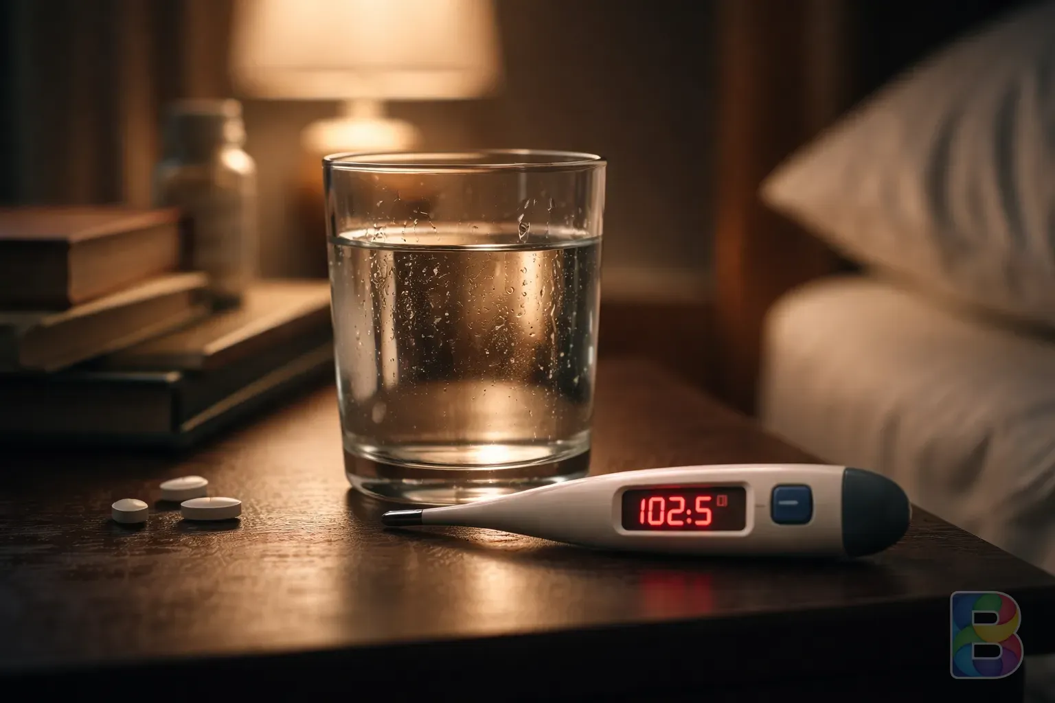 photorealistic, close-up of a glass of water and a thermometer showing high fever on a bedside table, soft evening light, cinematic lighting, high detail