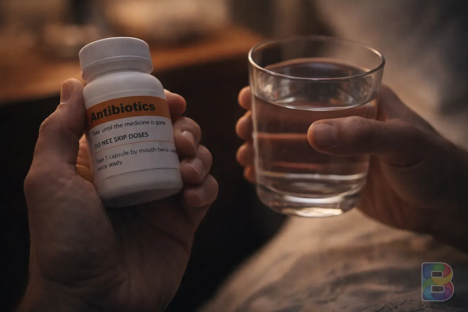 photorealistic, detail shot of a hand holding a bottle of antibiotics and a glass of water, soft interior lighting, calm and healing mood