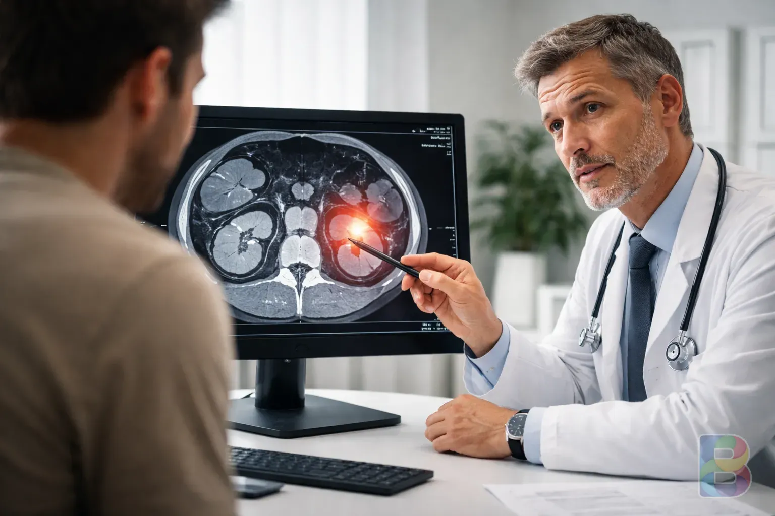 photorealistic, a doctor pointing at a kidney CT scan on a monitor, explaining to a patient in a bright consultation room, clinical lighting