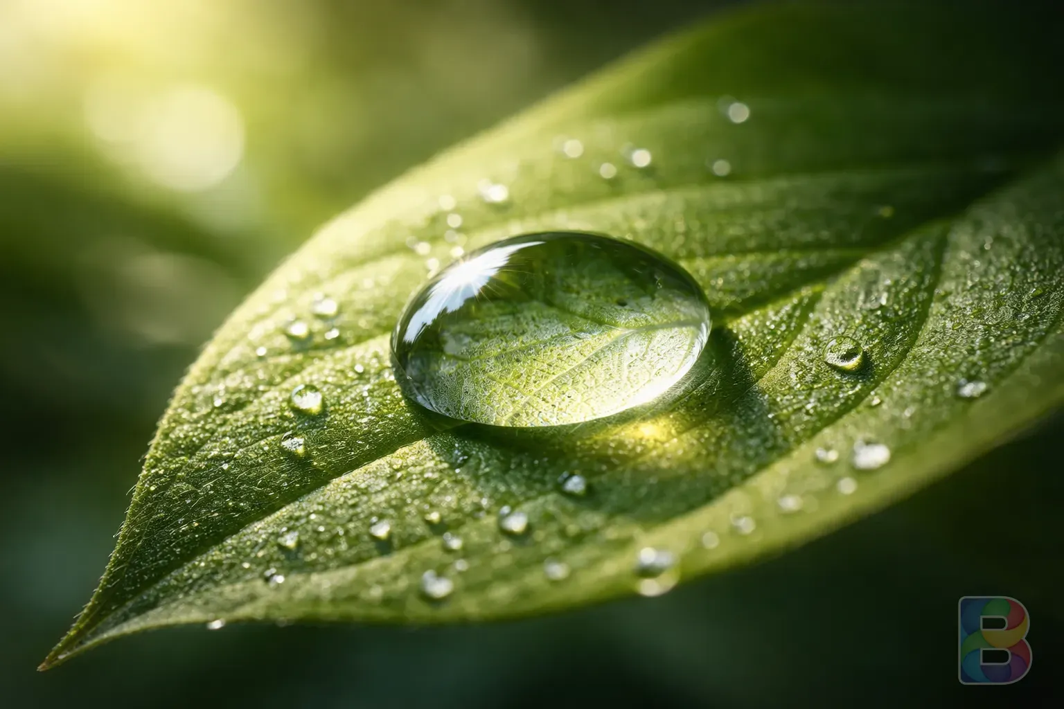 photorealistic, detail shot of a clear water droplet on a green leaf symbolizing purity and health, soft focus background, cinematic lighting