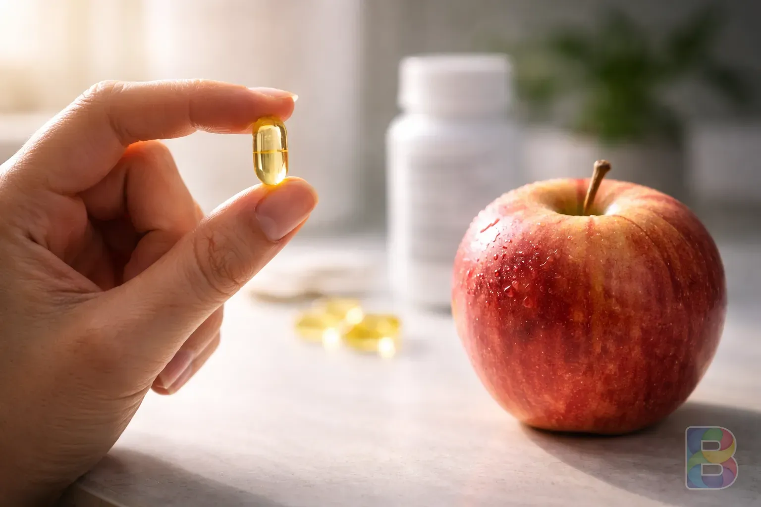 photorealistic, hand holding a supplement capsule next to a fresh apple, soft interior lighting, clean aesthetic, high detail