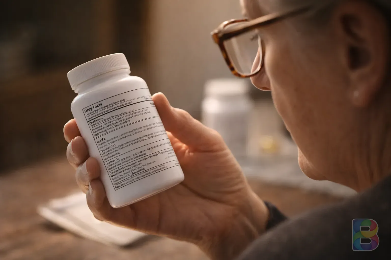 photorealistic, close-up of a person reading a medicine label carefully with glasses on, soft warm lighting, calm and focused atmosphere