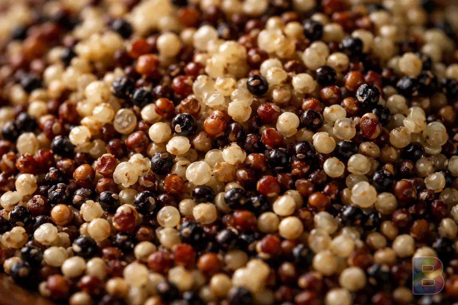 photorealistic, macro shot of quinoa seeds showing different colors like red, white, and black, soft natural lighting, depth of field, vibrant colors