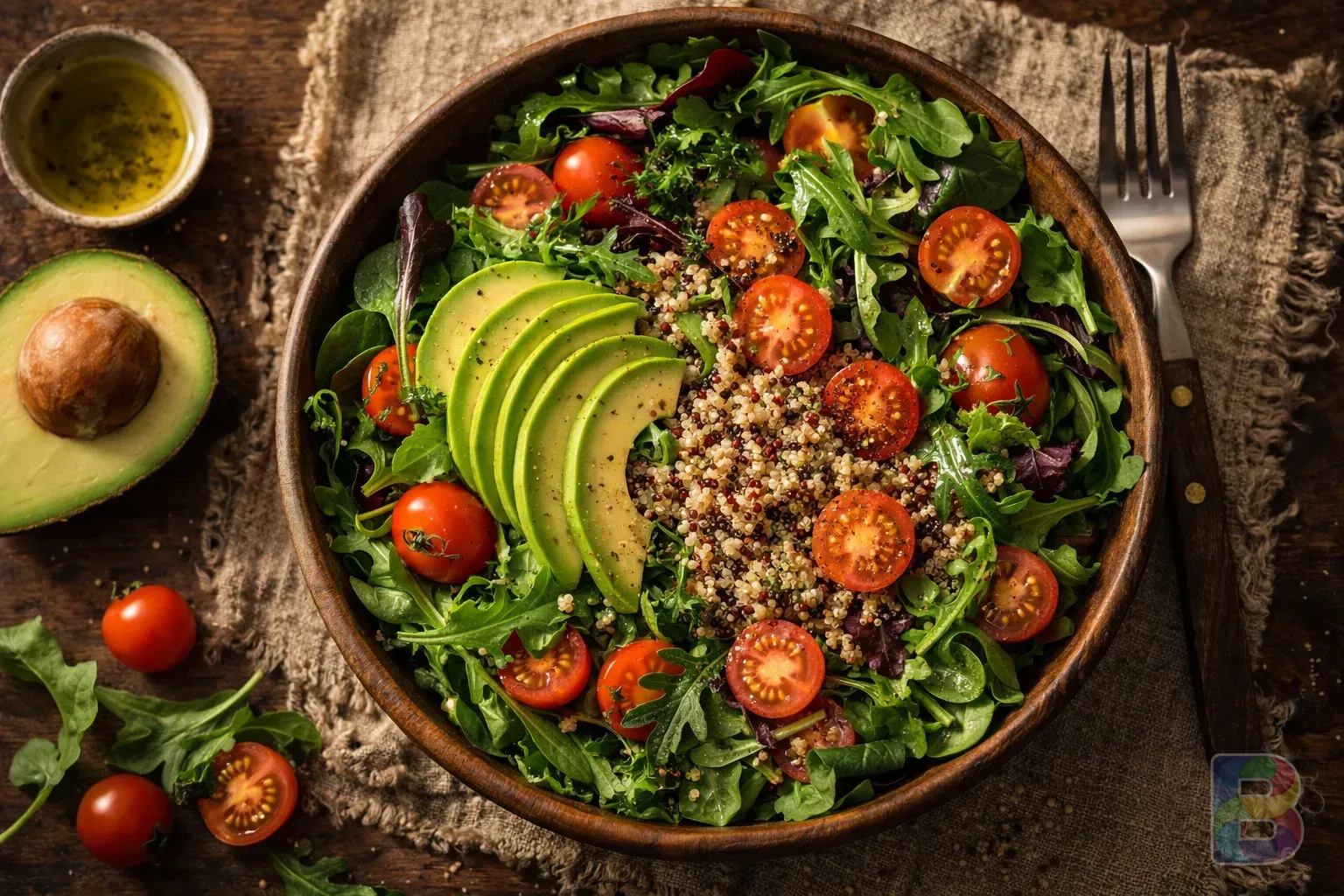 photorealistic, flat lay of a healthy quinoa salad with avocado, cherry tomatoes, and greens, bright natural light, fresh and appetizing