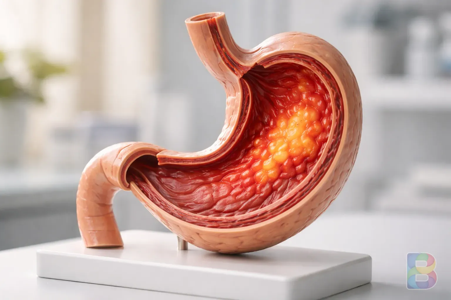 photorealistic, close-up of a human stomach anatomical model showing inflammation, clinical and clean background, soft studio lighting