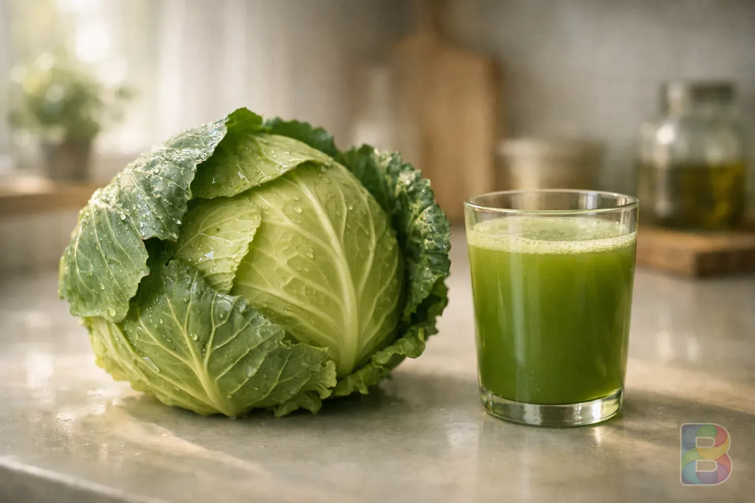 photorealistic, detail shot of fresh green cabbage and a glass of juice on a clean kitchen counter, soft natural lighting, organic feel
