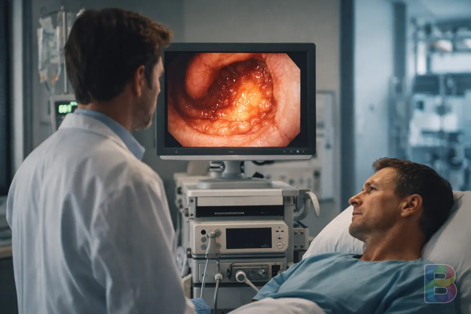 photorealistic, a doctor looking at an endoscopy monitor with a patient nearby in a modern hospital setting, professional and trustful mood