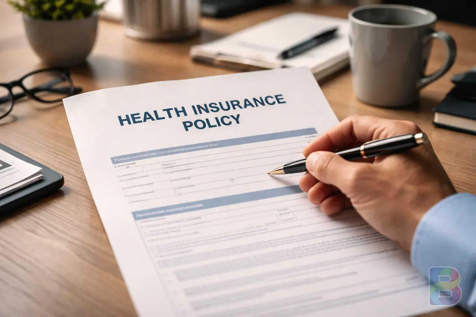 photorealistic, close-up of a hand holding a health insurance policy and a pen on a desk, soft office lighting, organized atmosphere