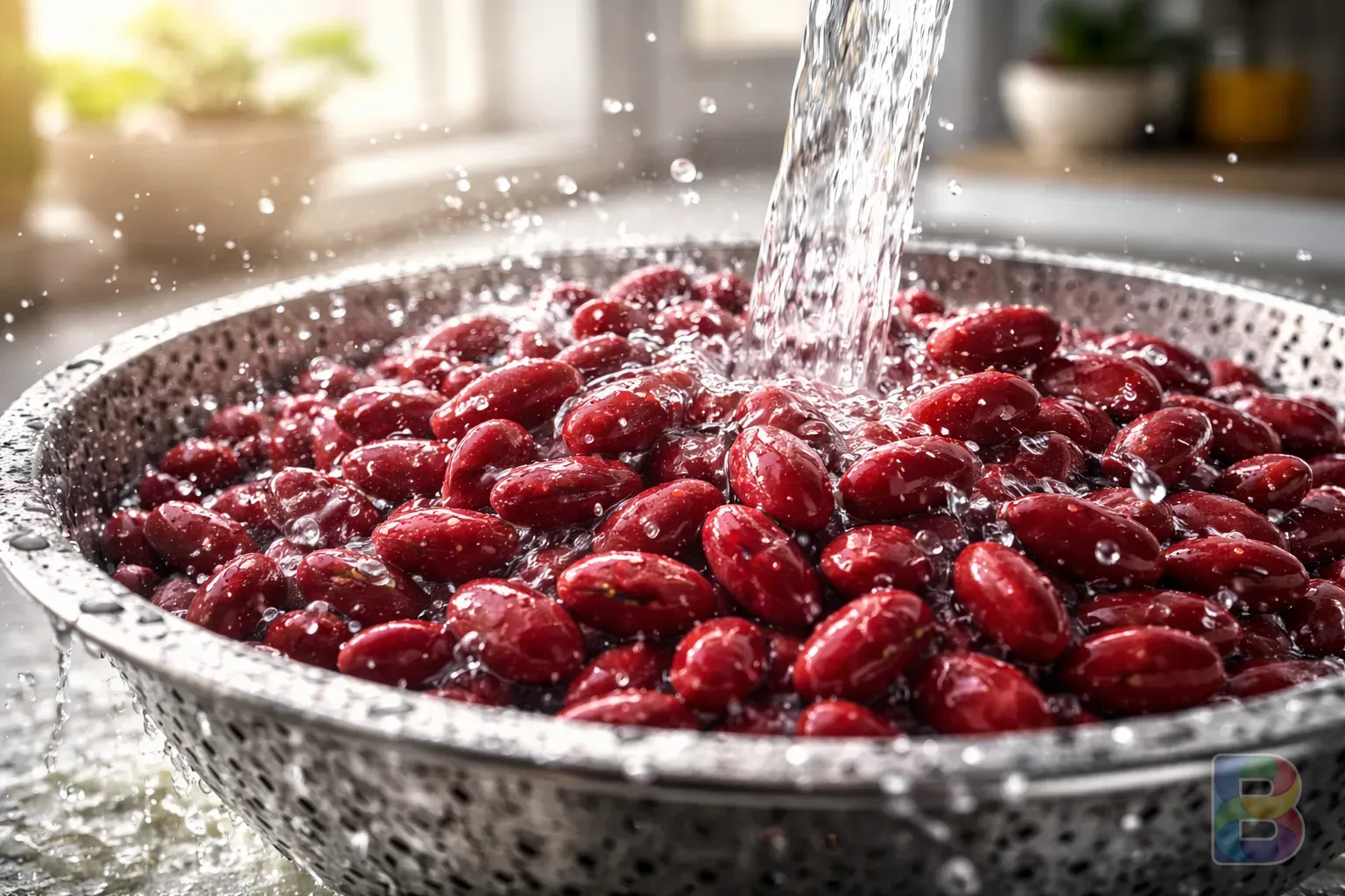 photorealistic, detail shot of red beans being washed in clear water, water droplets splashing, bright clean kitchen background, cinematic lighting