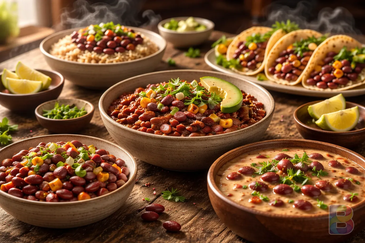 photorealistic, variety of dishes made with boiled red beans, steam rising gently, soft focus background, elegant food styling