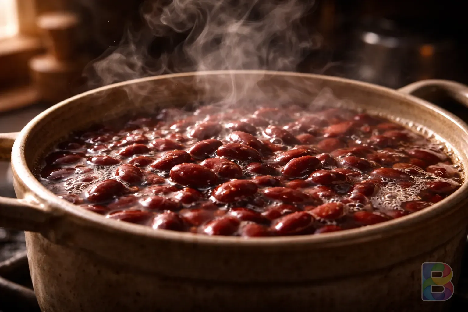 photorealistic, close-up of boiling red beans in a ceramic pot, steam with a nutty aroma, dark moody kitchen background, cinematic light on the steam
