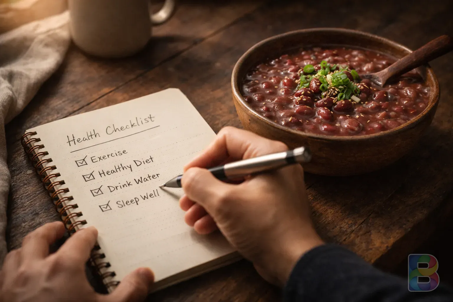 photorealistic, person writing a health checklist in a notebook next to a bowl of red bean porridge, soft interior lighting, calm atmosphere