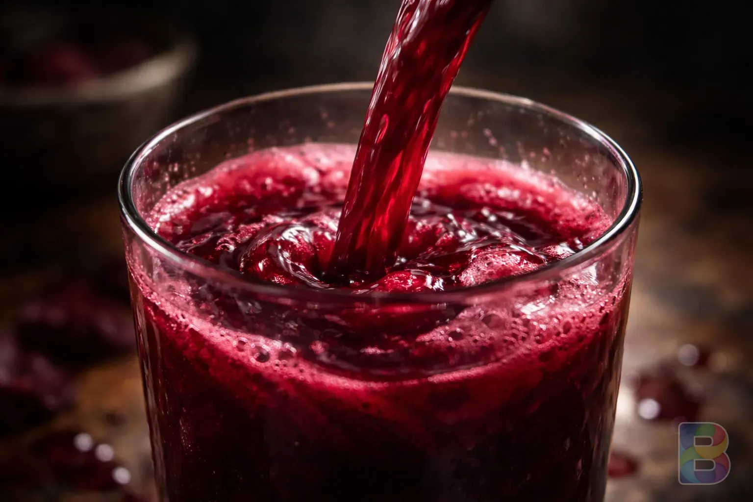 photorealistic, macro shot of vibrant red beet juice being poured into a glass, swirling patterns, moody lighting, professional food photography, high contrast