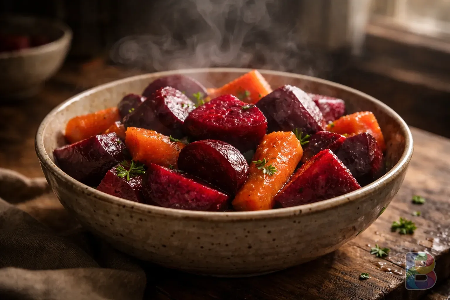 photorealistic, steaming bowl of boiled beets and carrots, warm rustic kitchen, soft lighting, focus on texture, cinematic mood