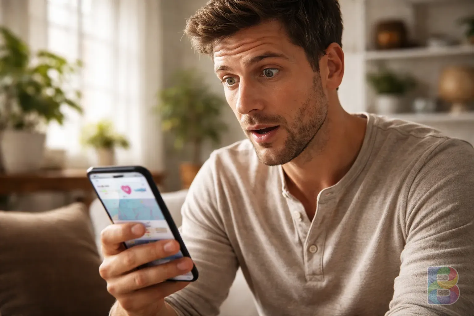 photorealistic, a person looking slightly surprised at a medical chart or health app on a phone, bright clean living room, soft focus background, cinematic lighting