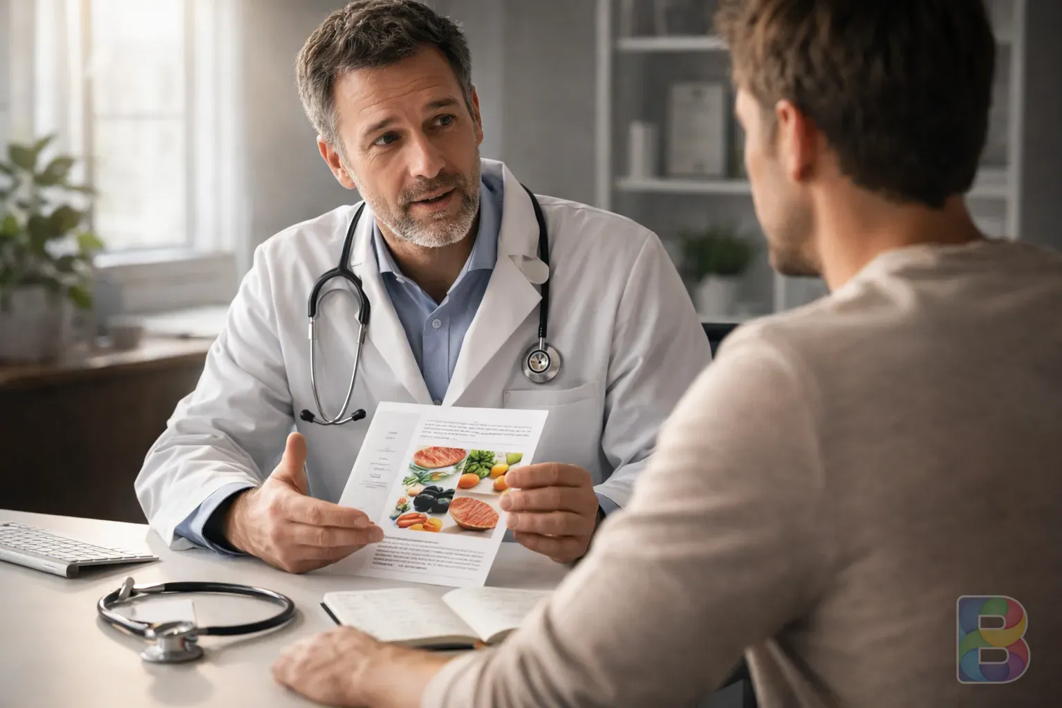 photorealistic, a doctor consulting with a patient about diet, clean modern office, stethoscope on desk, professional and reassuring atmosphere