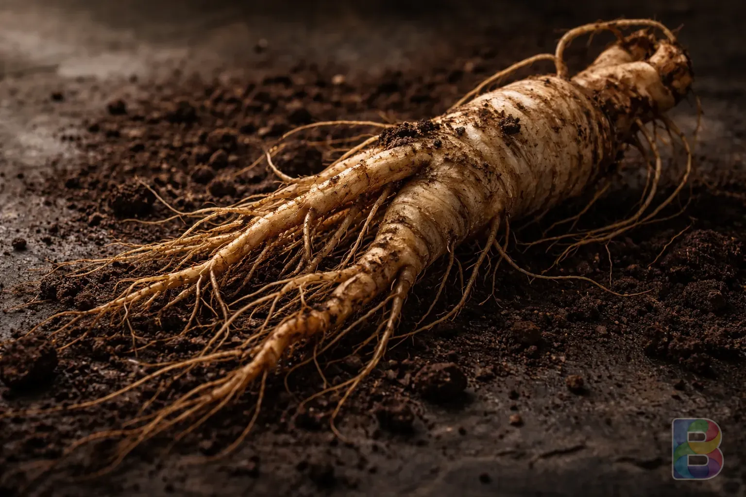 photorealistic, close-up of a raw ginseng root with soil on a dark stone background, soft natural side lighting, moody and organic atmosphere