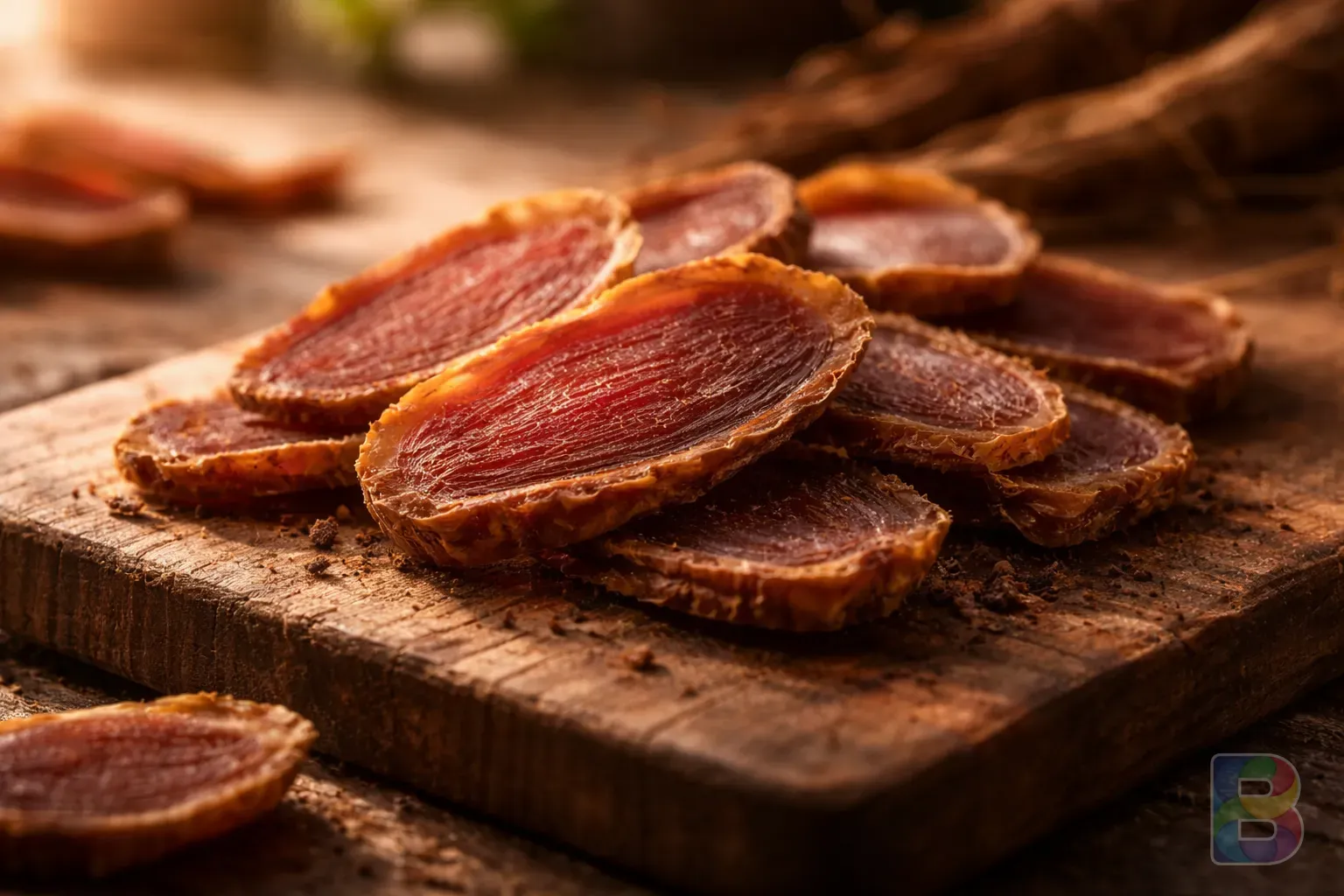 photorealistic, macro shot of red ginseng slices on a wooden board, warm morning sunlight, cinematic lighting, detailed texture