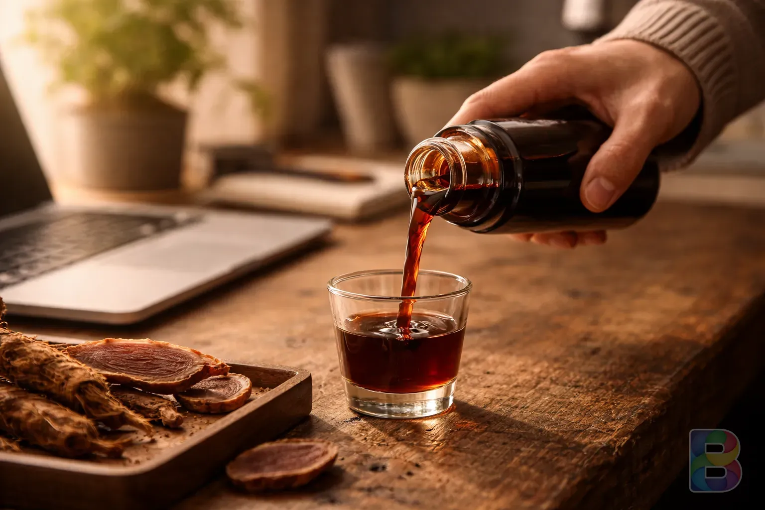 photorealistic, a person pouring red ginseng liquid into a small glass at a wooden desk with a laptop, soft focus background, calm morning mood