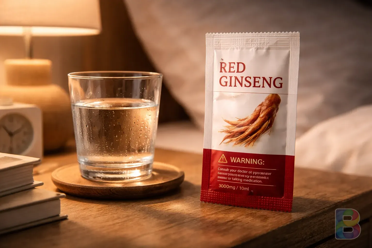 photorealistic, a glass of water and a red ginseng packet on a bedside table, soft lighting, focus on the warning label, clean and professional