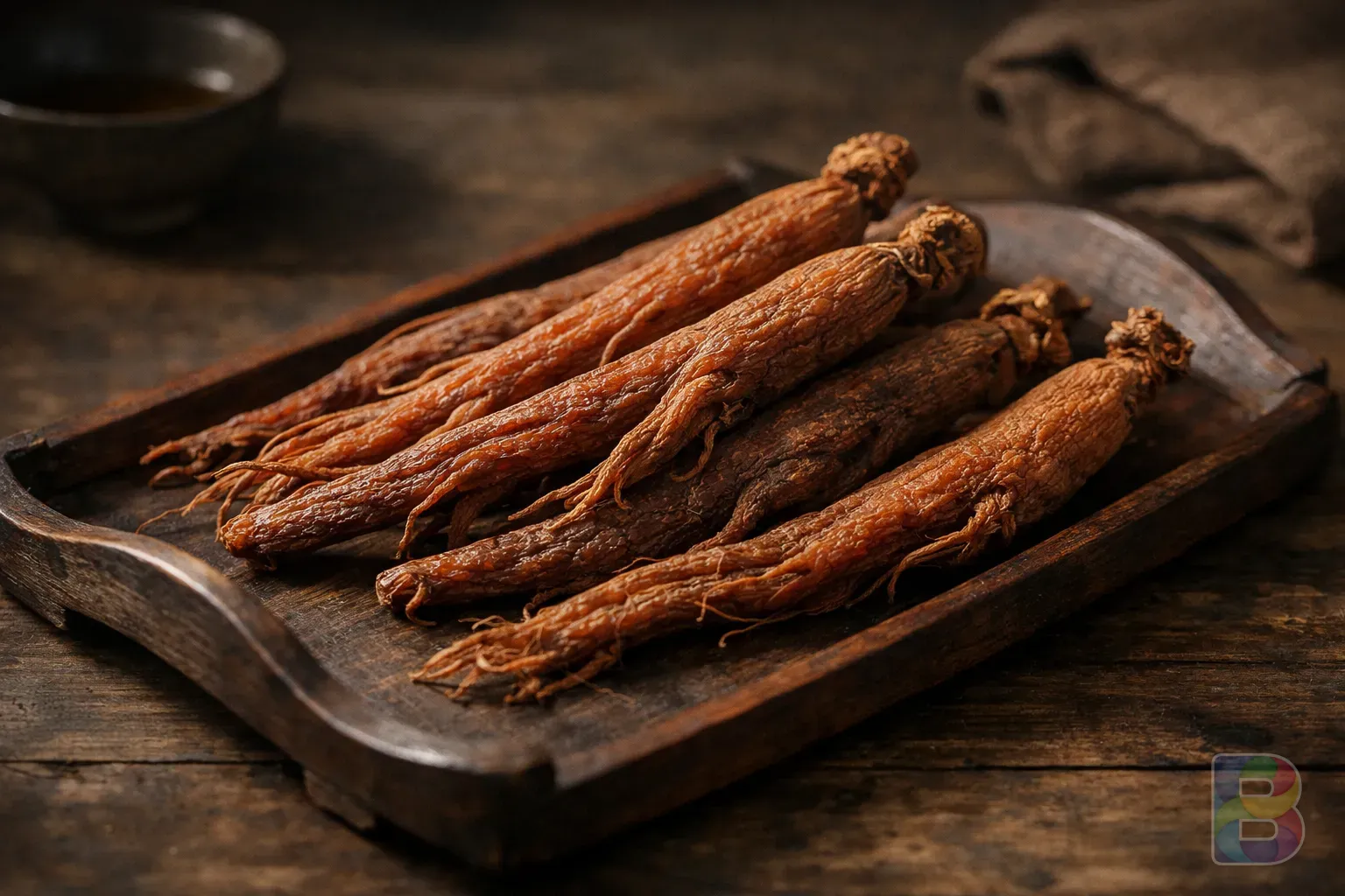 photorealistic, detail shot of whole dried red ginseng roots on a traditional wooden tray, soft natural side lighting, earthy tones, cinematic photography