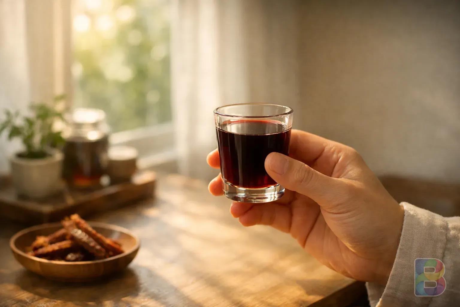 photorealistic, lifestyle shot of a person's hand holding a small glass of red ginseng juice, bright morning sunlight through a window, clean and healthy atmosphere
