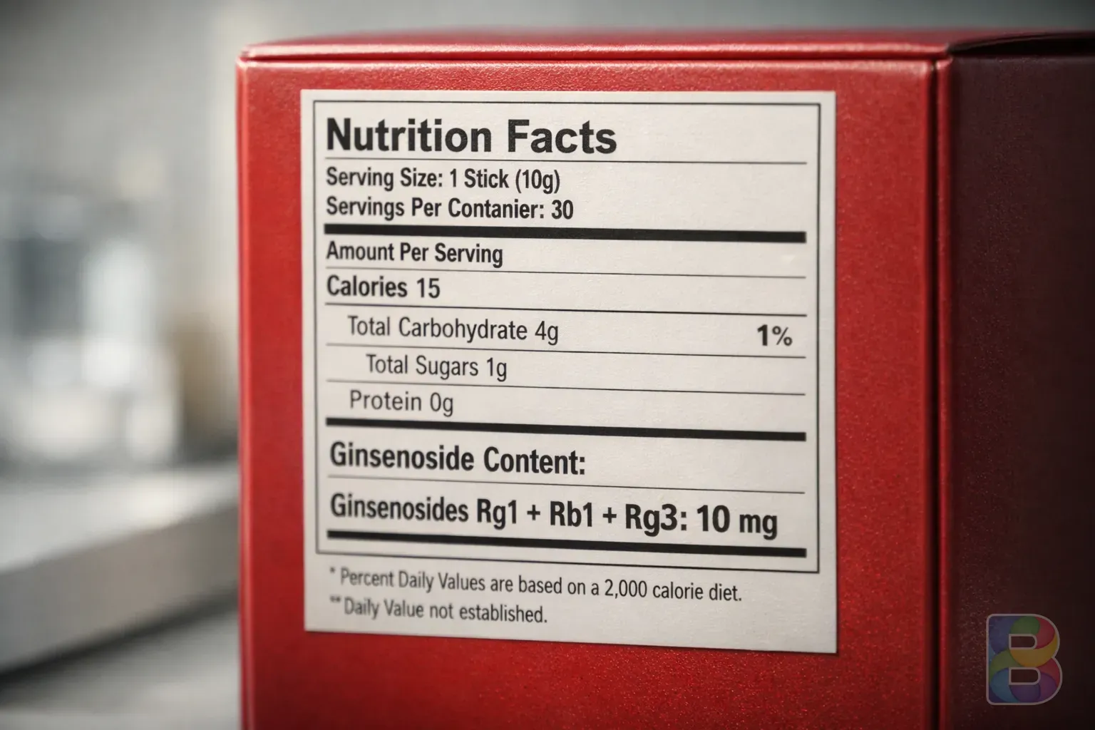 photorealistic, close-up of a nutrition facts label on a red ginseng box, focus on 'Ginsenoside content', clinical and clean setting