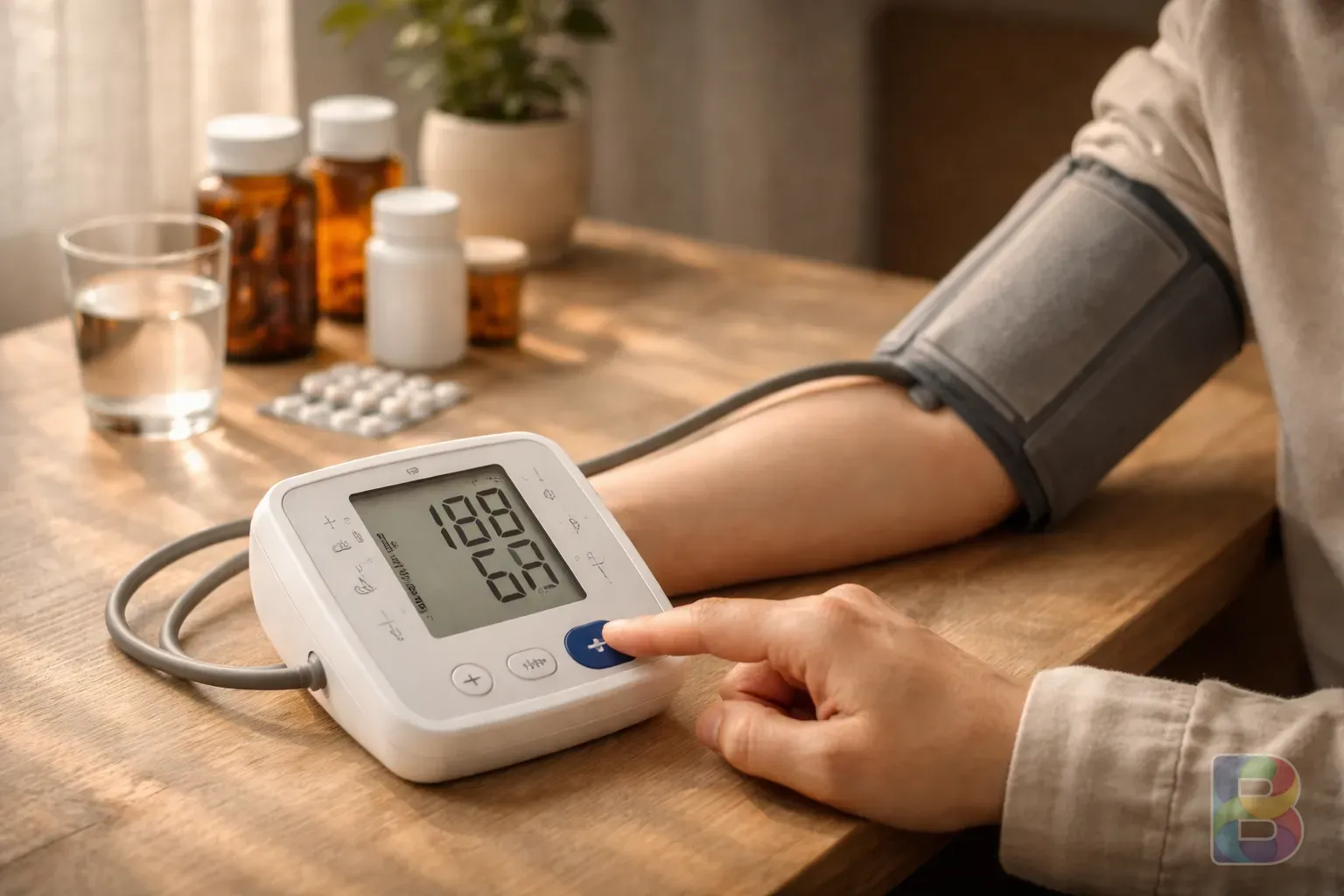photorealistic, a person checking their blood pressure with a home monitor, medicine bottles in the background, soft neutral lighting, caution theme