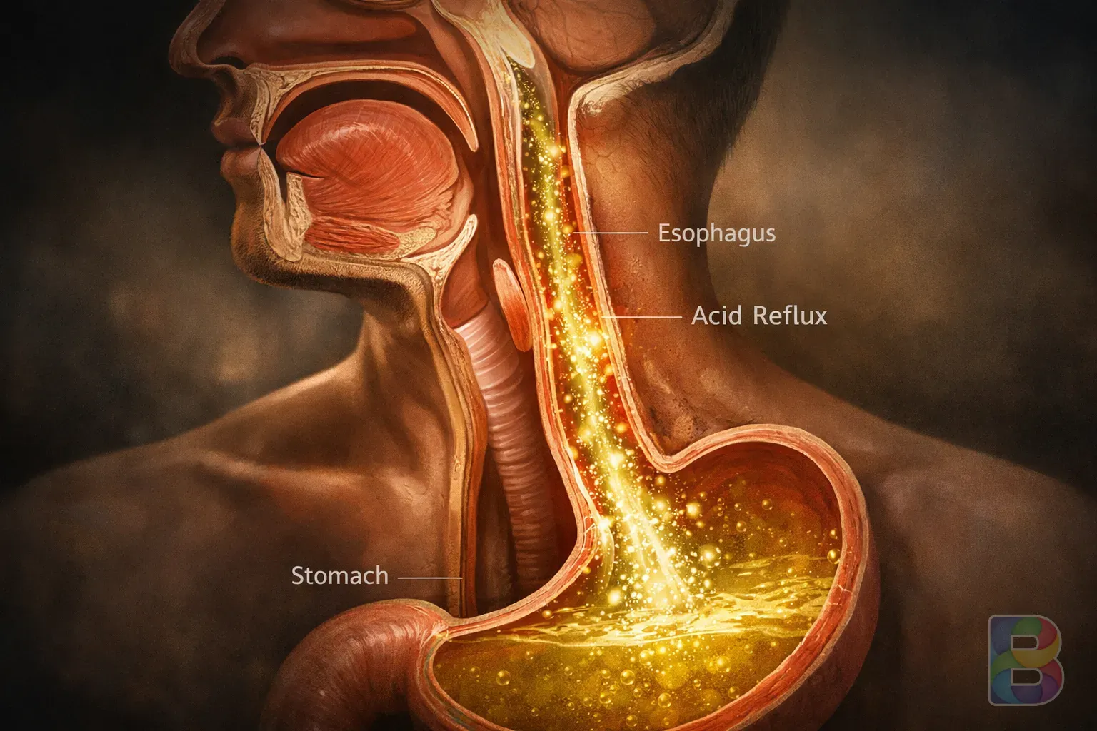 photorealistic, medical illustration showing the cross-section of a human throat and esophagus with acid refluxing, clear and educational, cinematic lighting