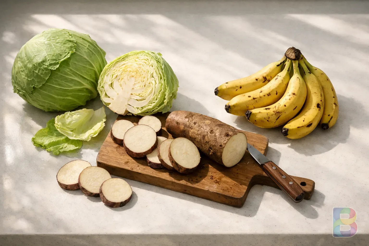 photorealistic, flat lay of fresh cabbage, sliced yam, and ripe bananas on a clean white kitchen counter, natural sunlight, high detail