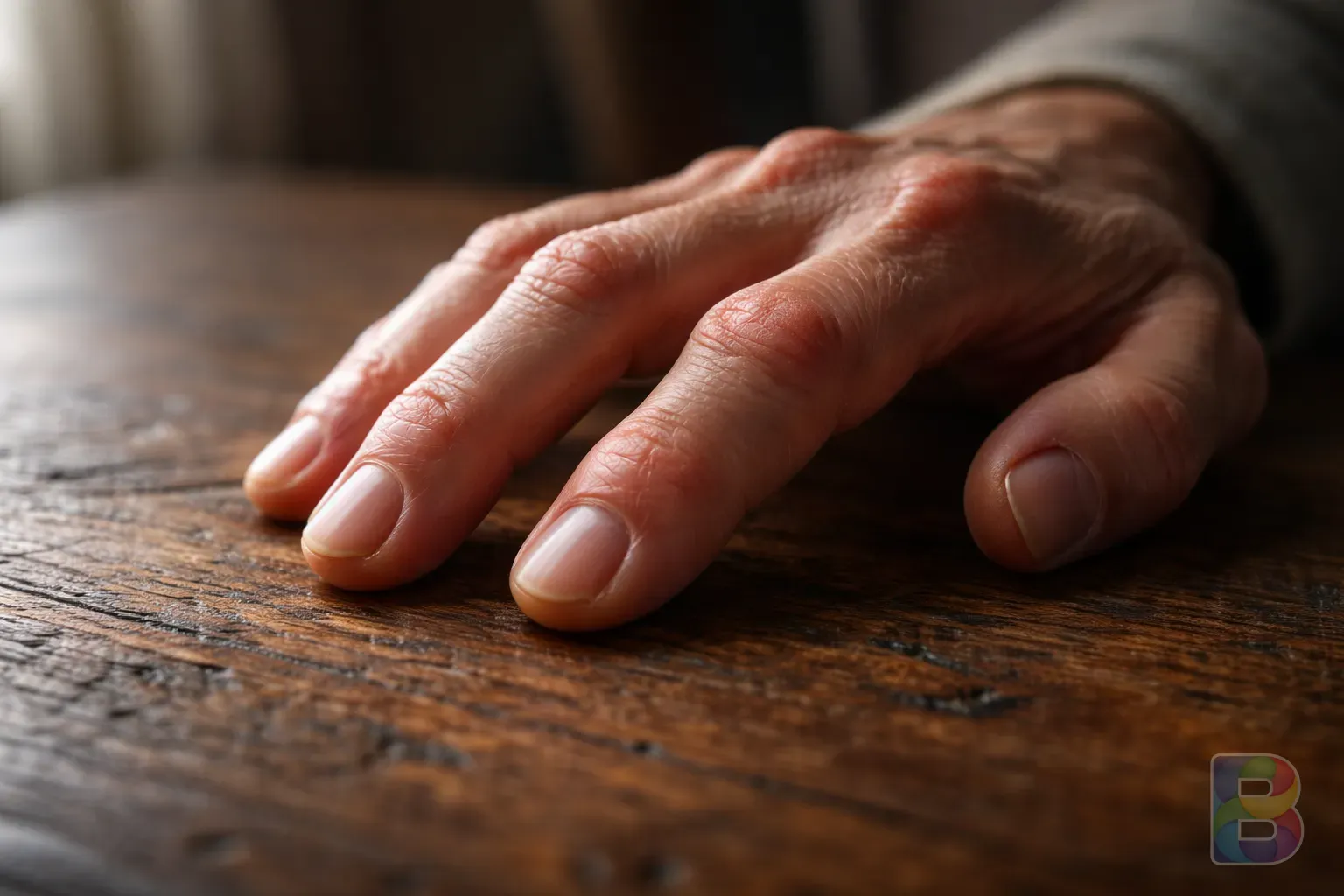 photorealistic, detail shot of swollen finger joints on a wooden table, soft side lighting, high texture detail, clinical but empathetic mood