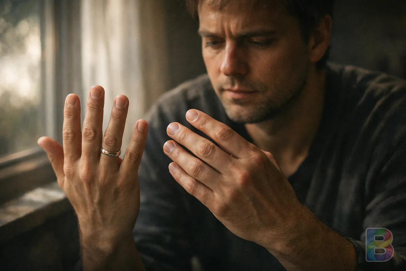 photorealistic, a person comparing their hands, one with a ring feeling tight, soft natural light through a window, thoughtful expression, cinematic lighting