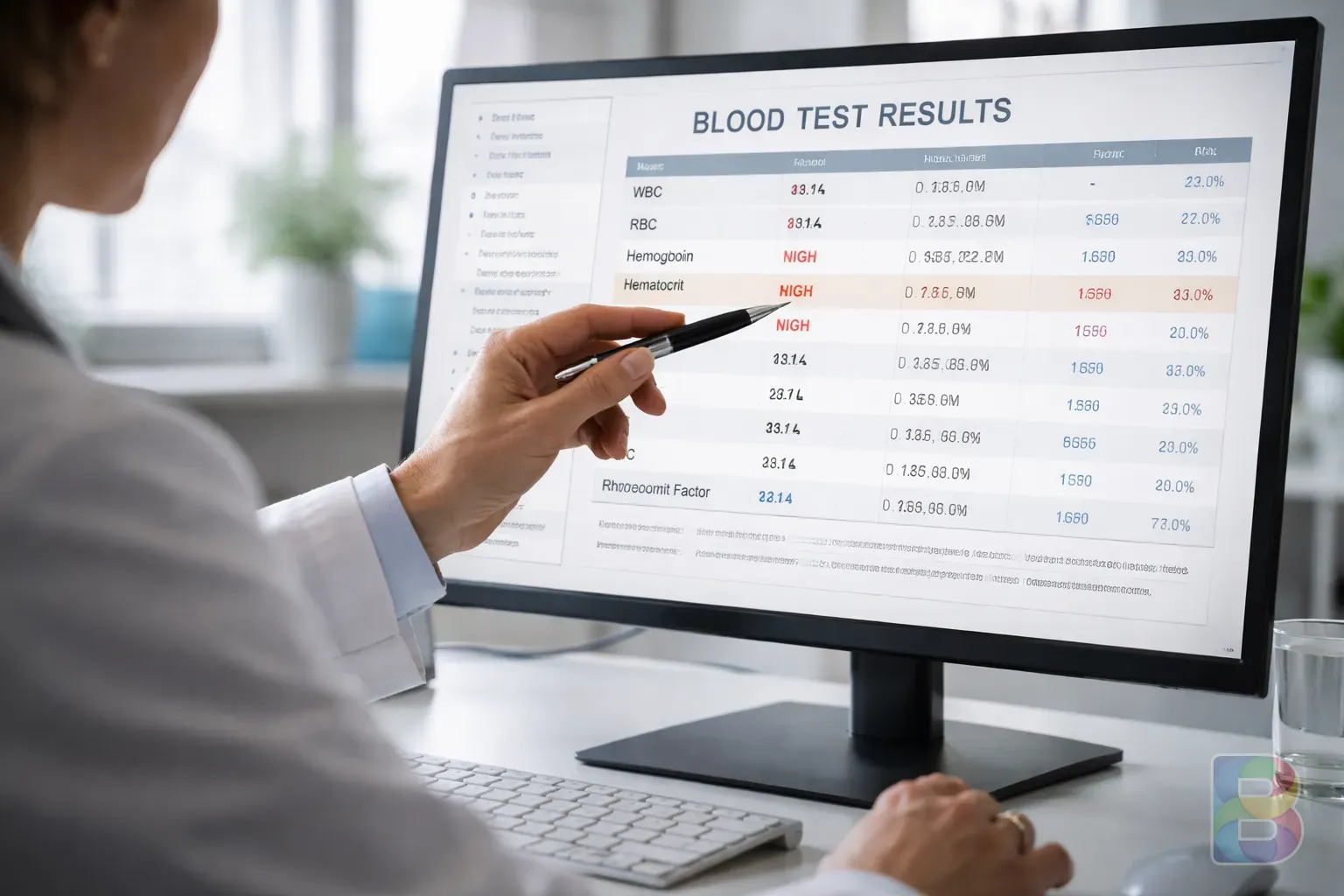 photorealistic, doctor pointing at a blood test result on a computer screen in a bright modern clinic, professional and clear, cinematic lighting