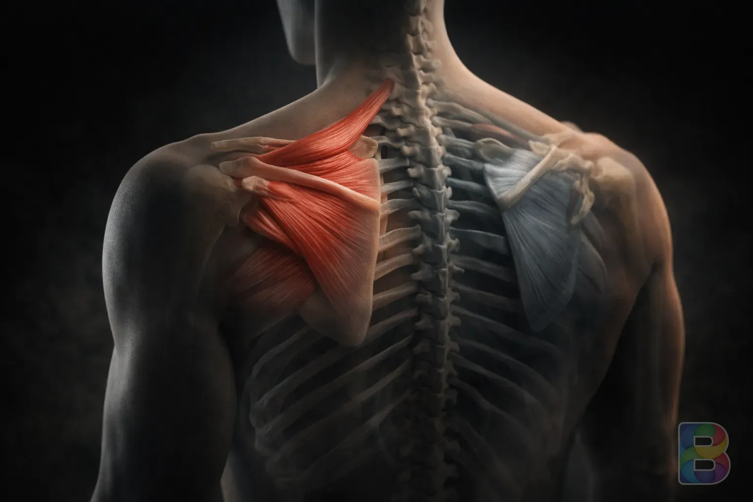 photorealistic, anatomical 3D render of human torso showing shortened pectoralis minor and weakened upper back muscles, cinematic lighting, professional medical visualization
