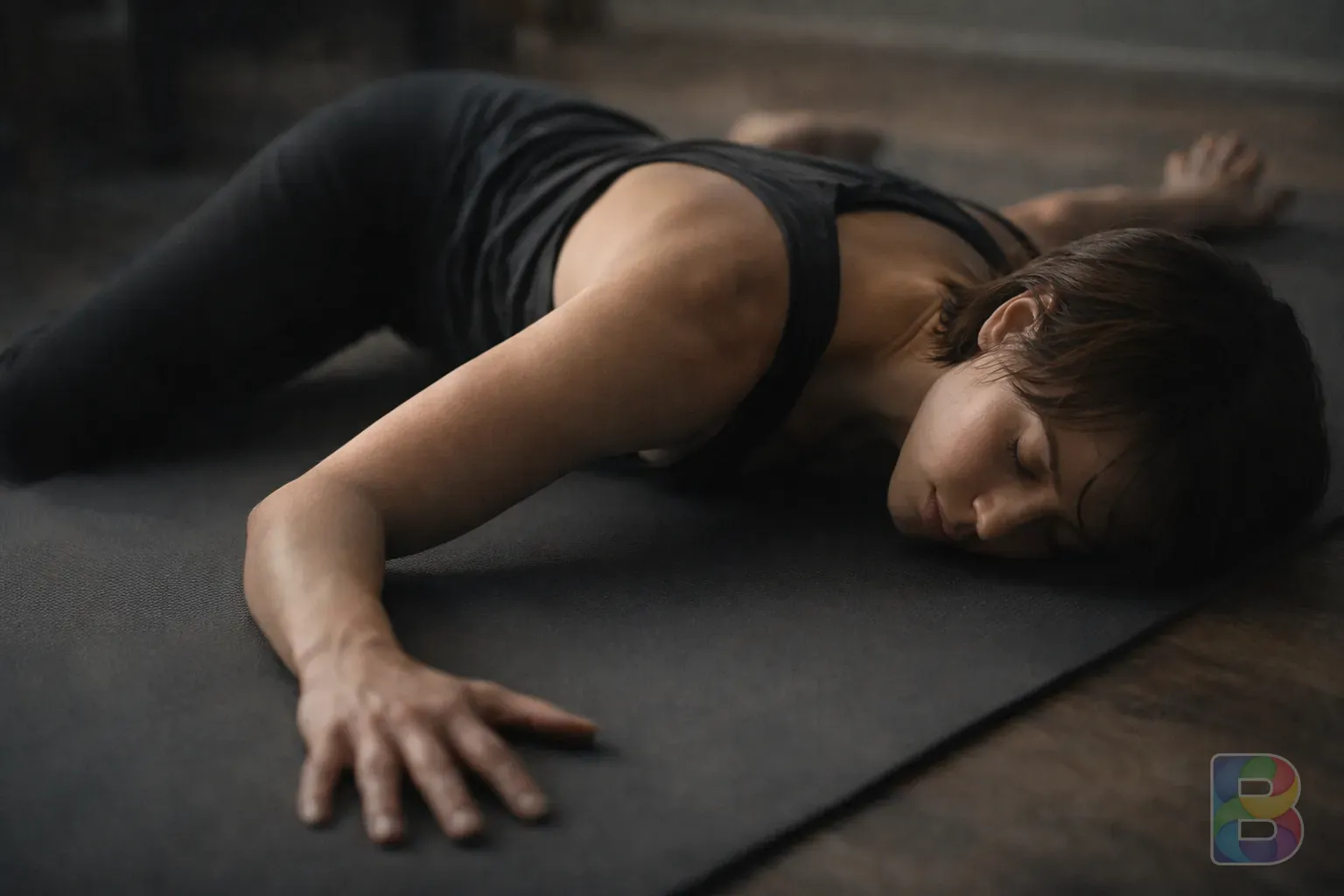 photorealistic, detail shot of a person performing chest stretches on a yoga mat, focused and calm expression, soft cinematic indoor lighting