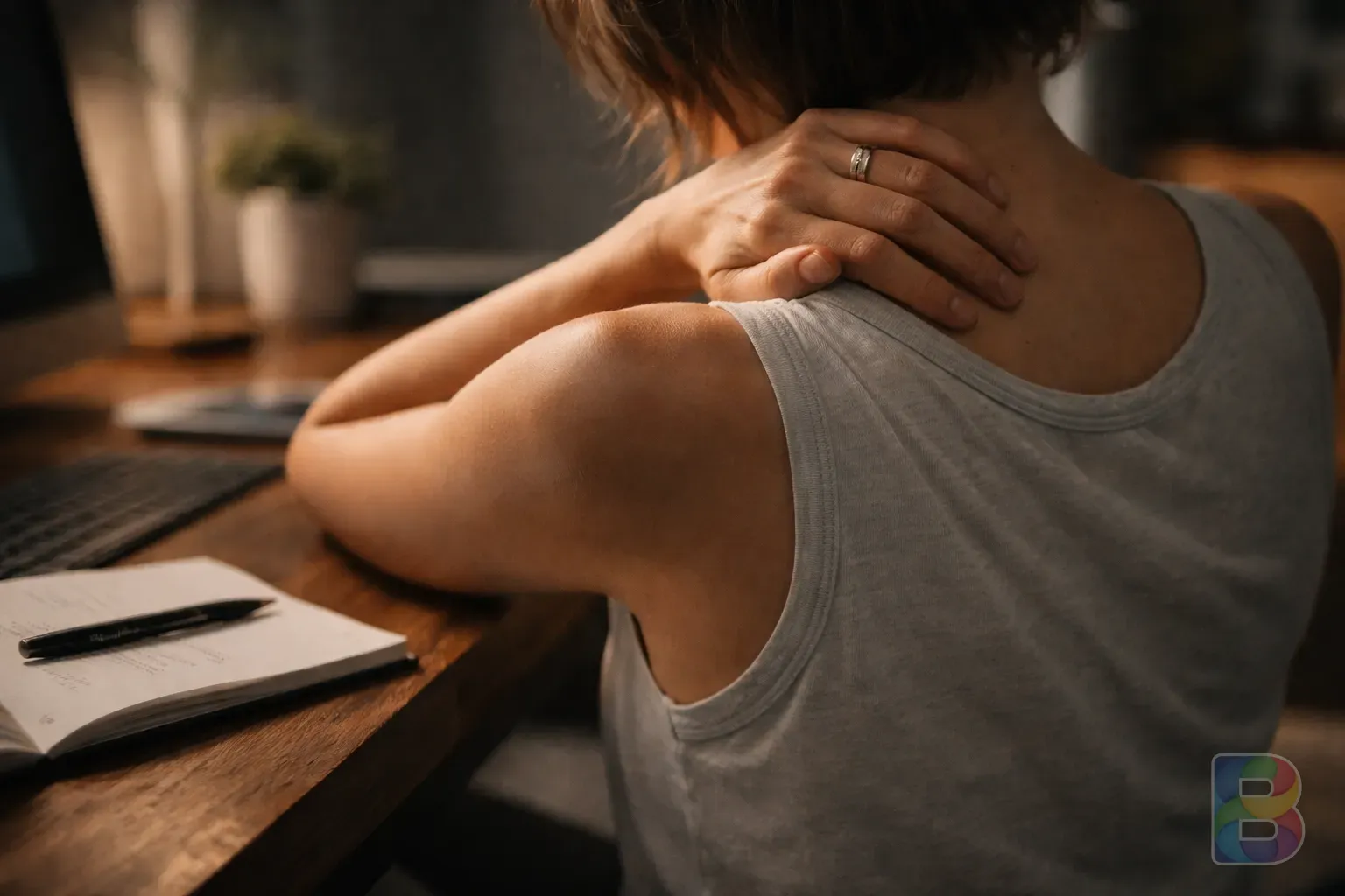 photorealistic, close-up of a person's hands adjusting their posture while sitting at a desk, looking reflective, cinematic lighting, shallow depth of field
